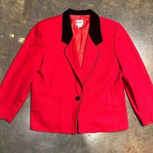 Vintage 90s Koret Blazer Womens Red Black Velvet Collar Jacket Single Button